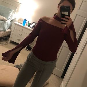 Maroon Ribbed Off the Shoulder Top